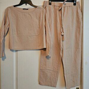 Cozy C.O.Z.Y Amazon Shirt Pant Set Size XL Beige Linen 100% Cotton Beachy Vacay